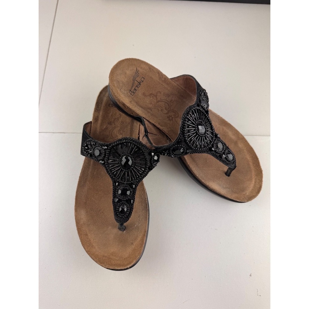 Dansko Black Embellished Beaded Thong Sandals Women Size 37 6 6.5‎ Comfort Cork